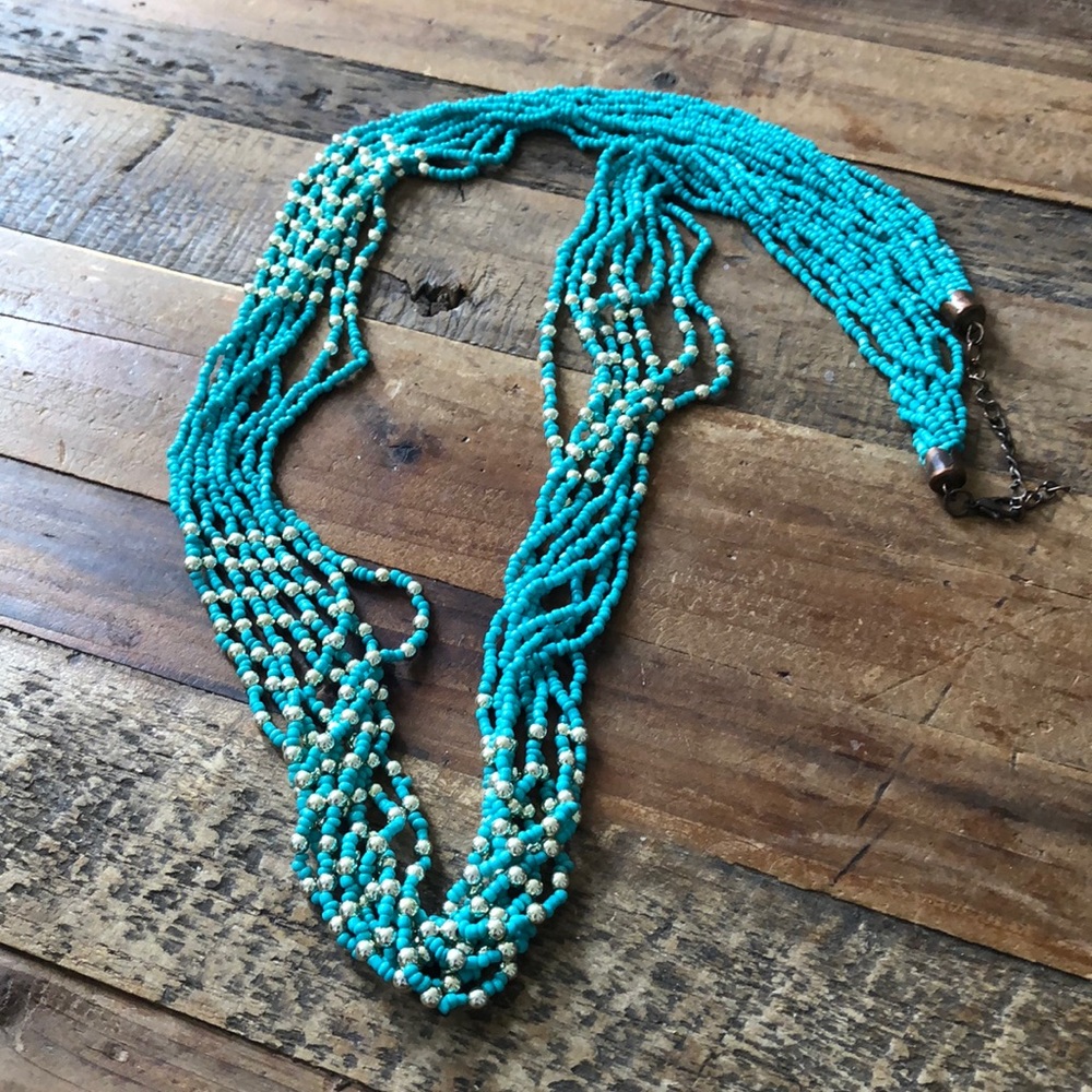 Turquoise and gold long beaded necklace